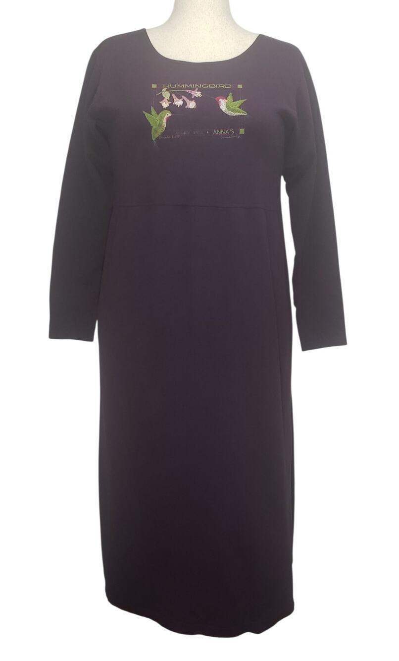 Vintage Cottagecore Embroidered Hummingbird Dress Purple French Terry L XL